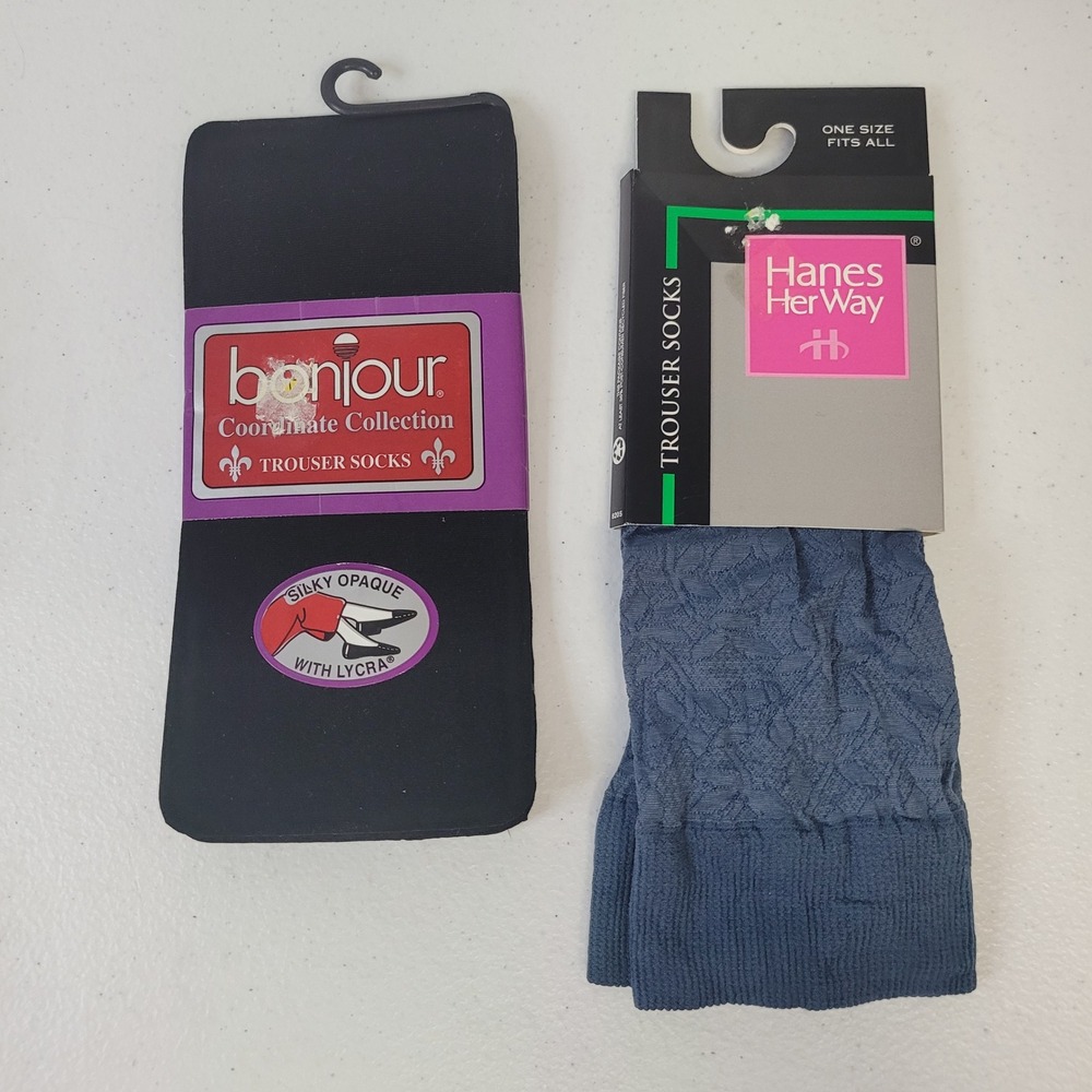 Vintage Hanes Her Way and Bonjour Trouser Socks Black‎ Denim Blue Leaf Pattern